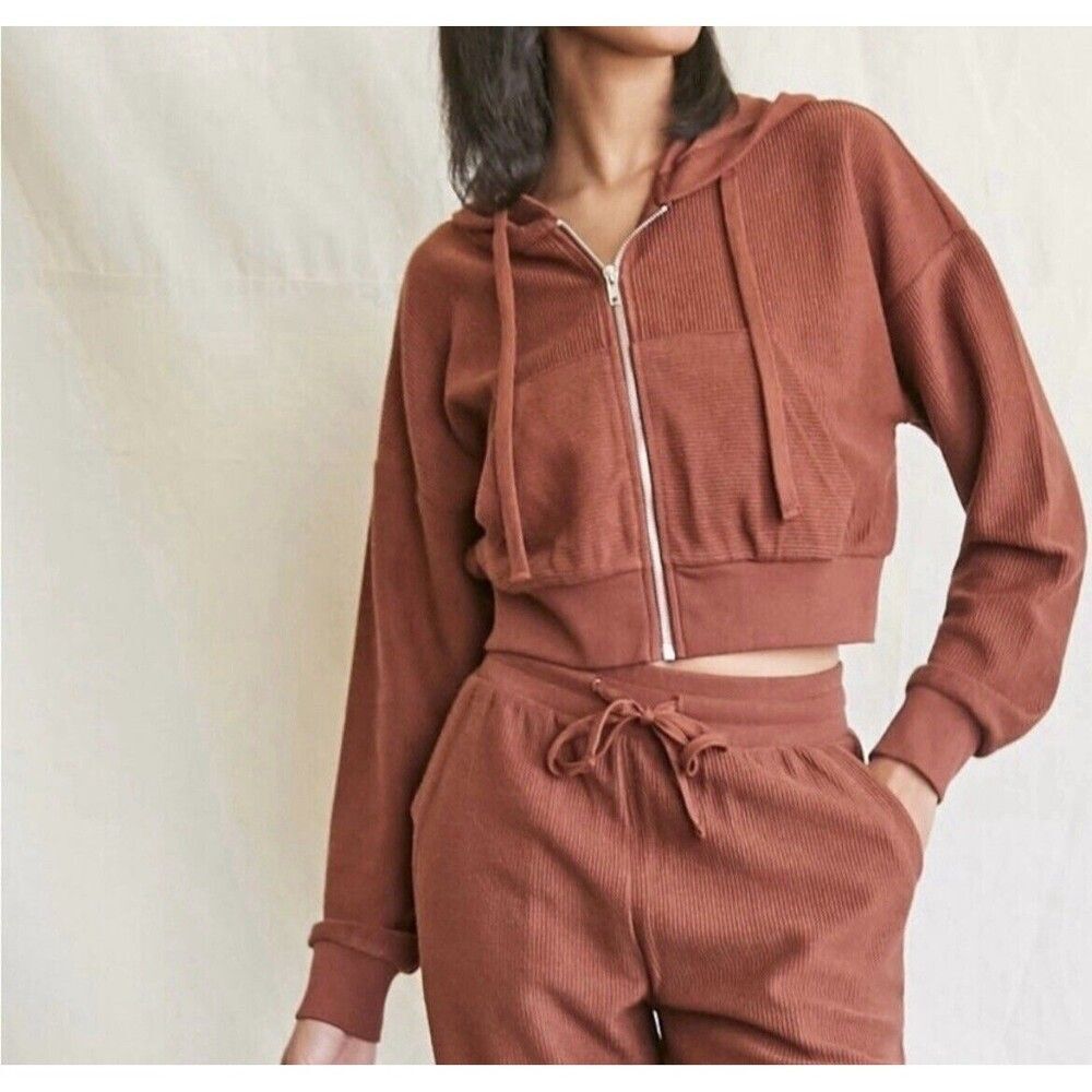Forever 21 women's Ribbed Zip-Up Jacket cropped fleece hoodie Small Long Sleeve